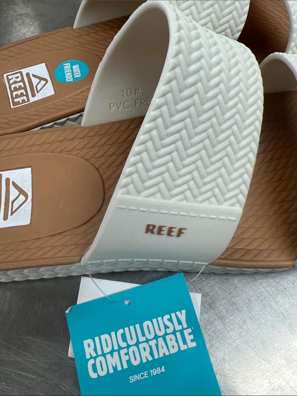 Reef White Double-Strap Sandals with Tan Footbed Water Vista Slide Sz 10 - Picture 6 of 7